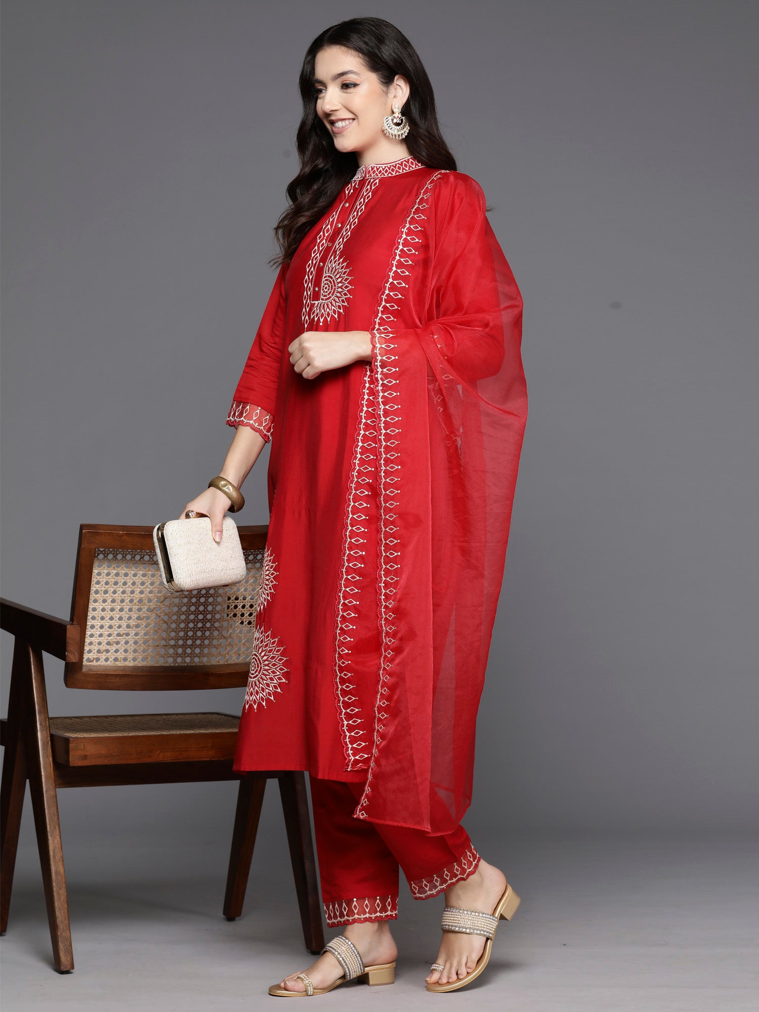 Indo Era Red Embroidered Straight Kurta Trousers With Dupatta Set - Distacart