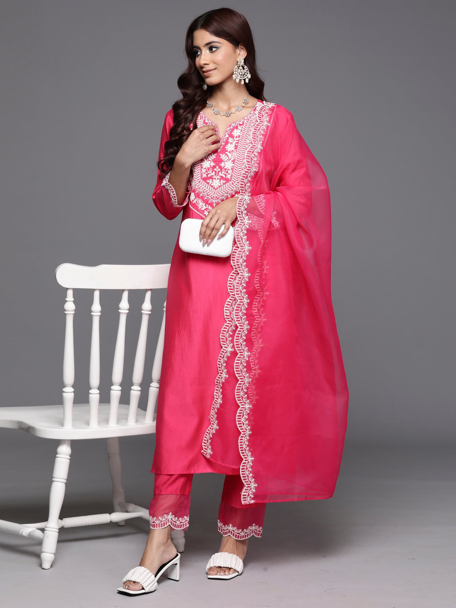 Indo Era Pink Embroidered Straight Kurta Trousers With Dupatta Set - Distacart