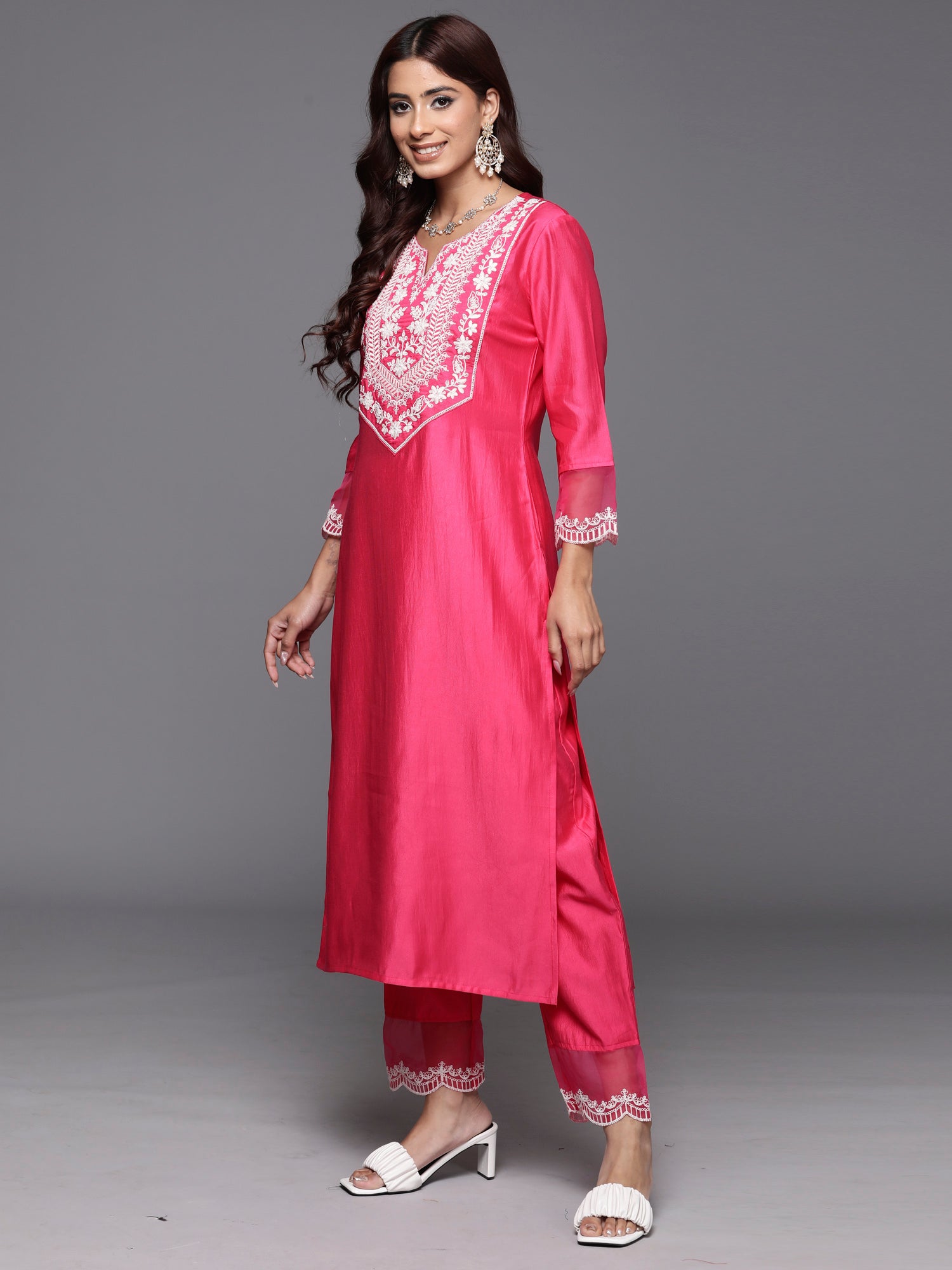 Indo Era Pink Embroidered Straight Kurta Trousers With Dupatta Set - Distacart