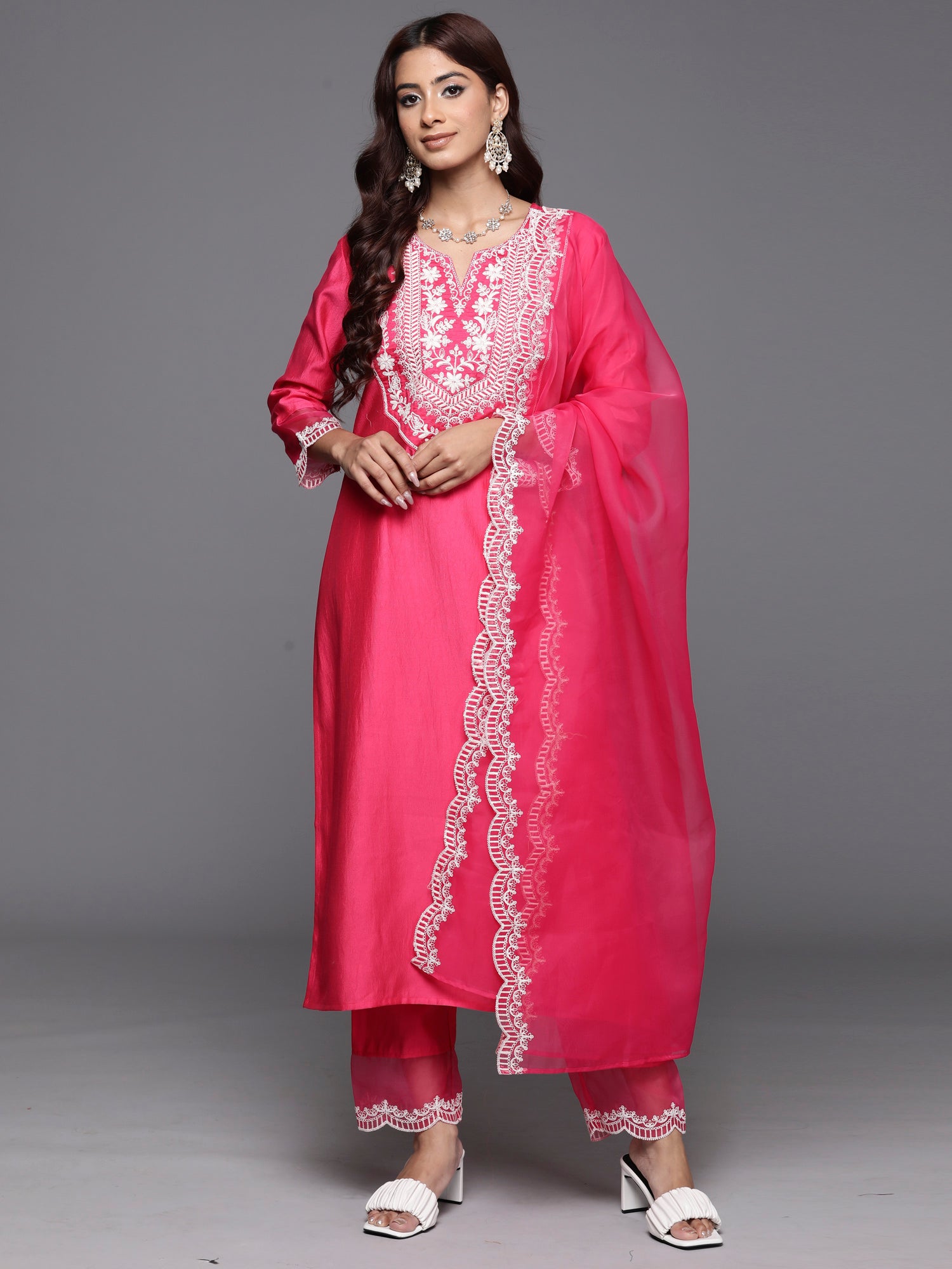Indo Era Pink Embroidered Straight Kurta Trousers With Dupatta Set - Distacart