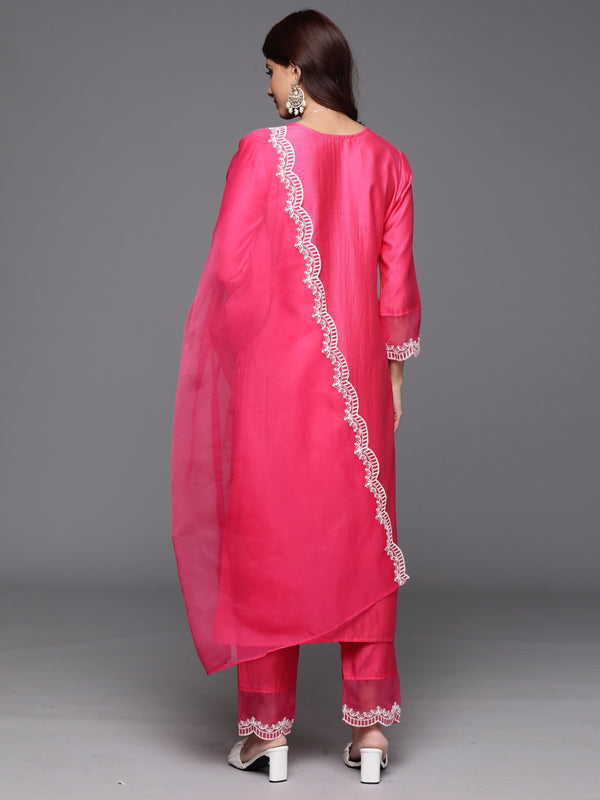 Indo Era Pink Embroidered Straight Kurta Trousers With Dupatta Set - Distacart