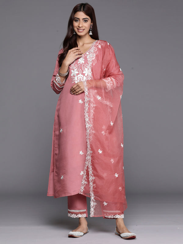 Indo Era Rust Embroidered Straight Kurta Trousers With Dupatta set - Distacart
