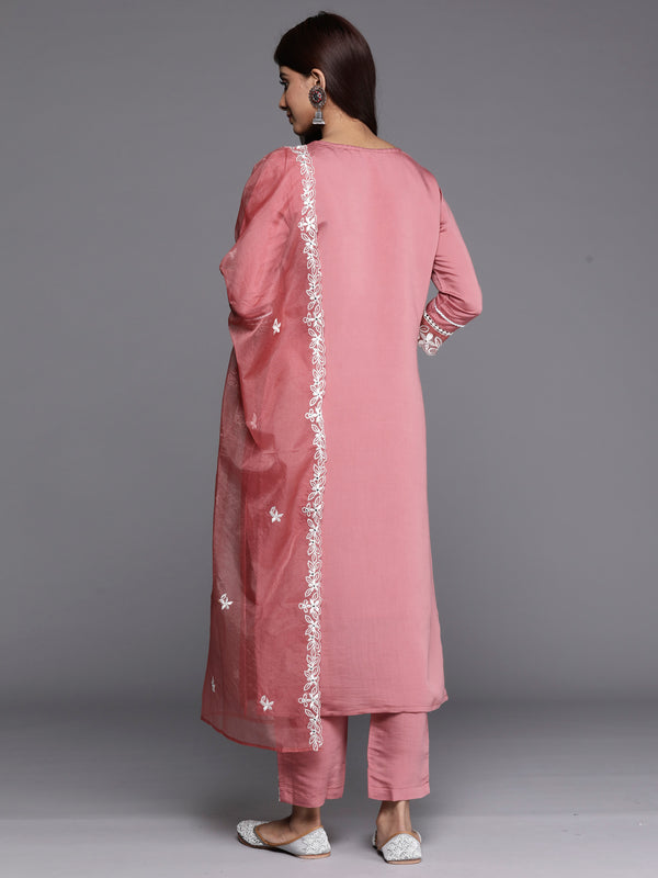 Indo Era Rust Embroidered Straight Kurta Trousers With Dupatta set - Distacart