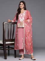 Thumbnail for Indo Era Rust Embroidered Straight Kurta Trousers With Dupatta set - Distacart
