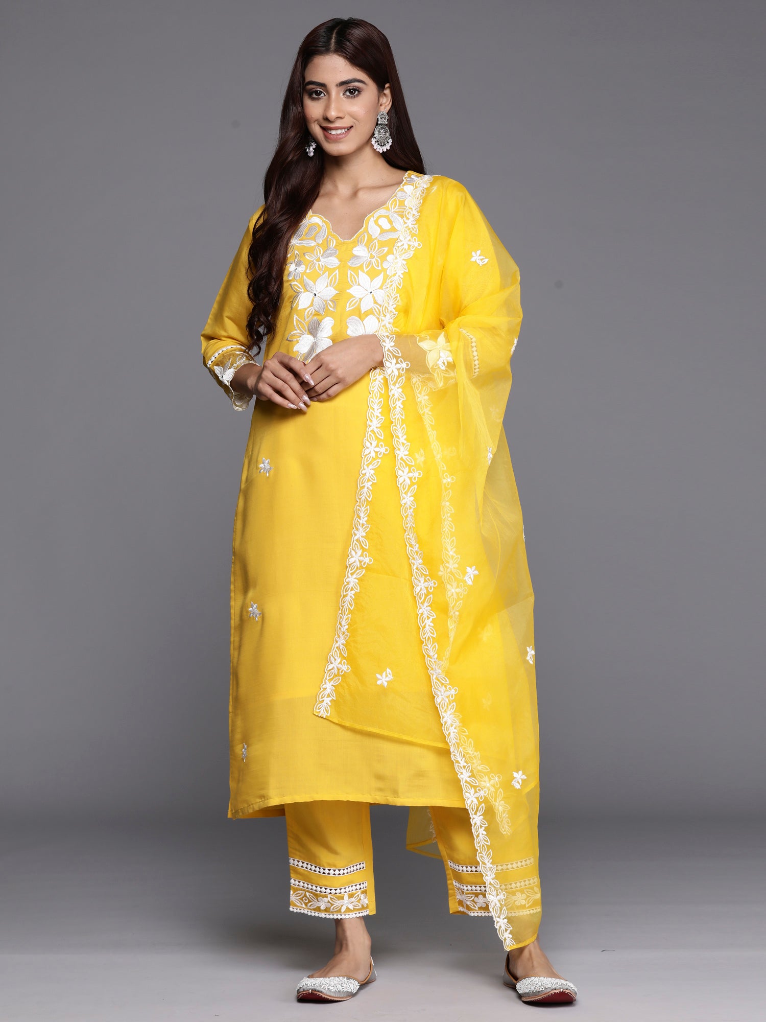 Indo Era Yellow Embroidered Straight Kurta Trousers With Dupatta set - Distacart