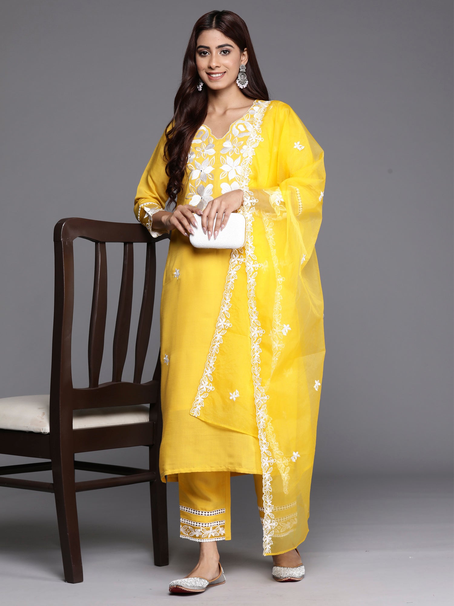 Indo Era Yellow Embroidered Straight Kurta Trousers With Dupatta set - Distacart
