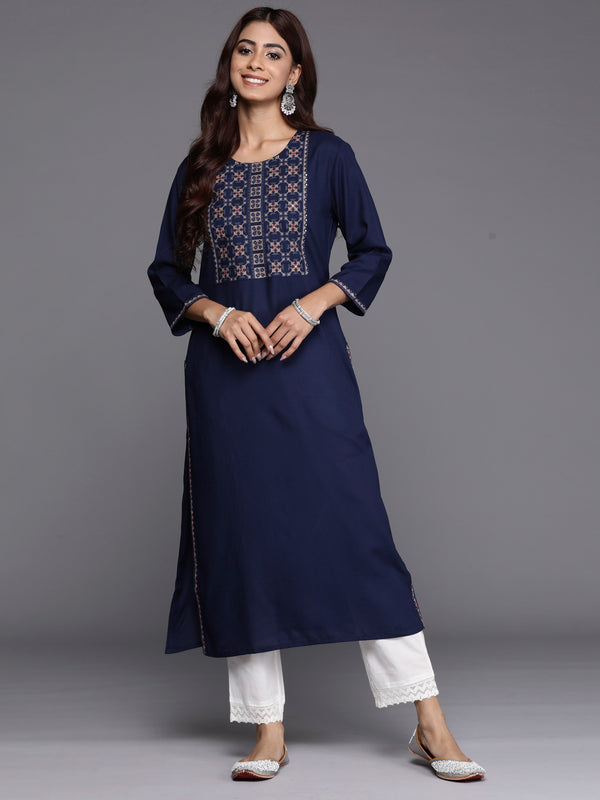 Indo Era Navy Blue Embroidered Straight Kurta - Distacart