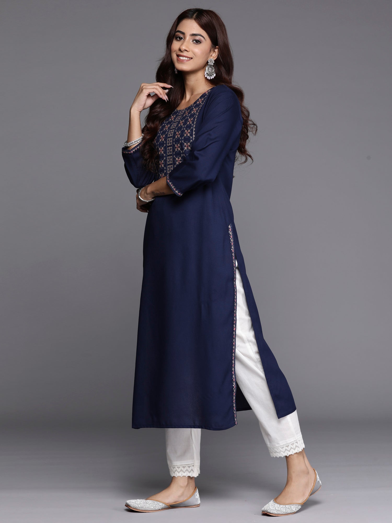 Indo Era Navy Blue Embroidered Straight Kurta - Distacart
