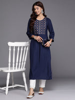 Thumbnail for Indo Era Navy Blue Embroidered Straight Kurta - Distacart