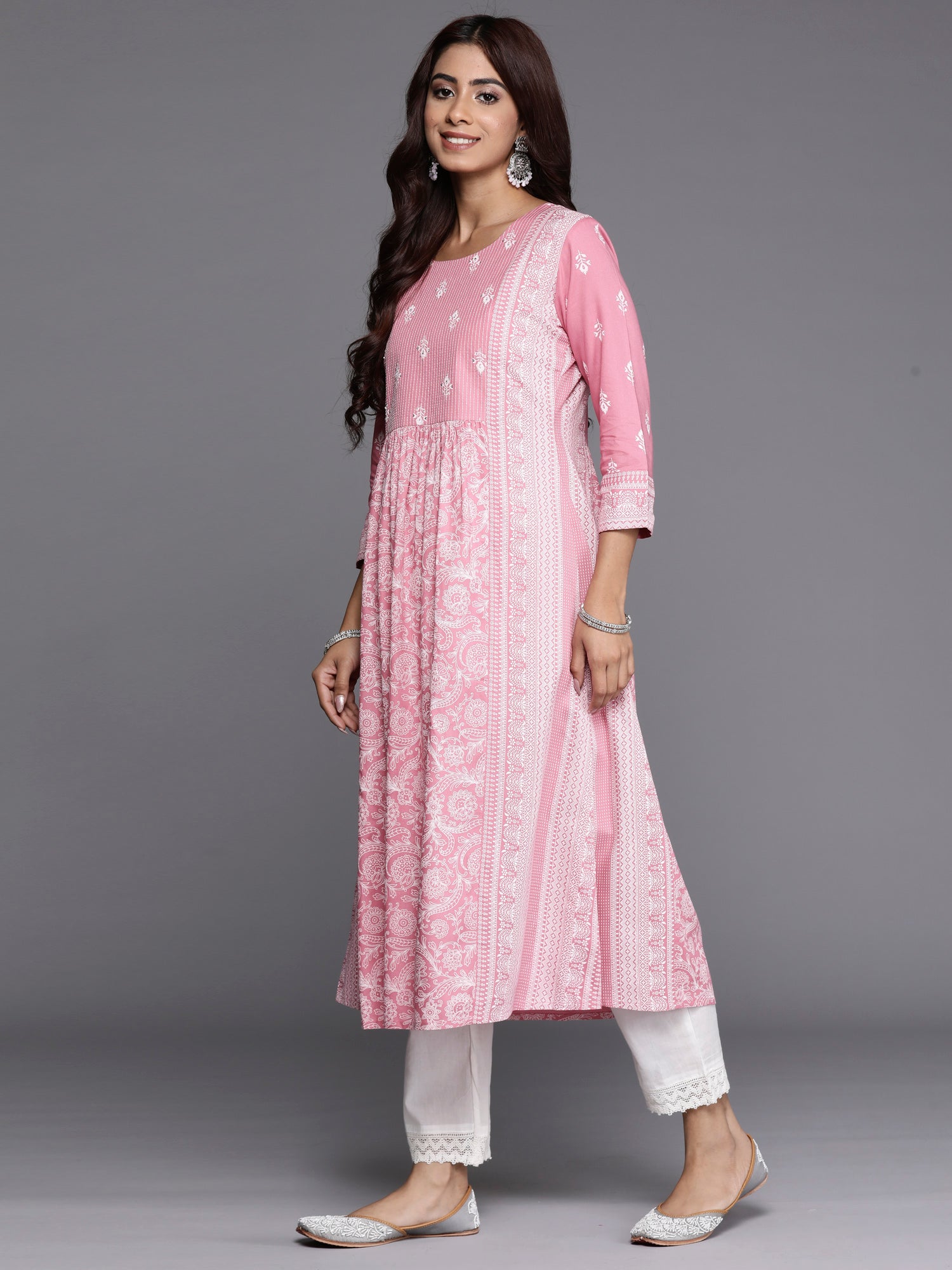 Indo Era Pink Printed A-Line Kurta - Distacart