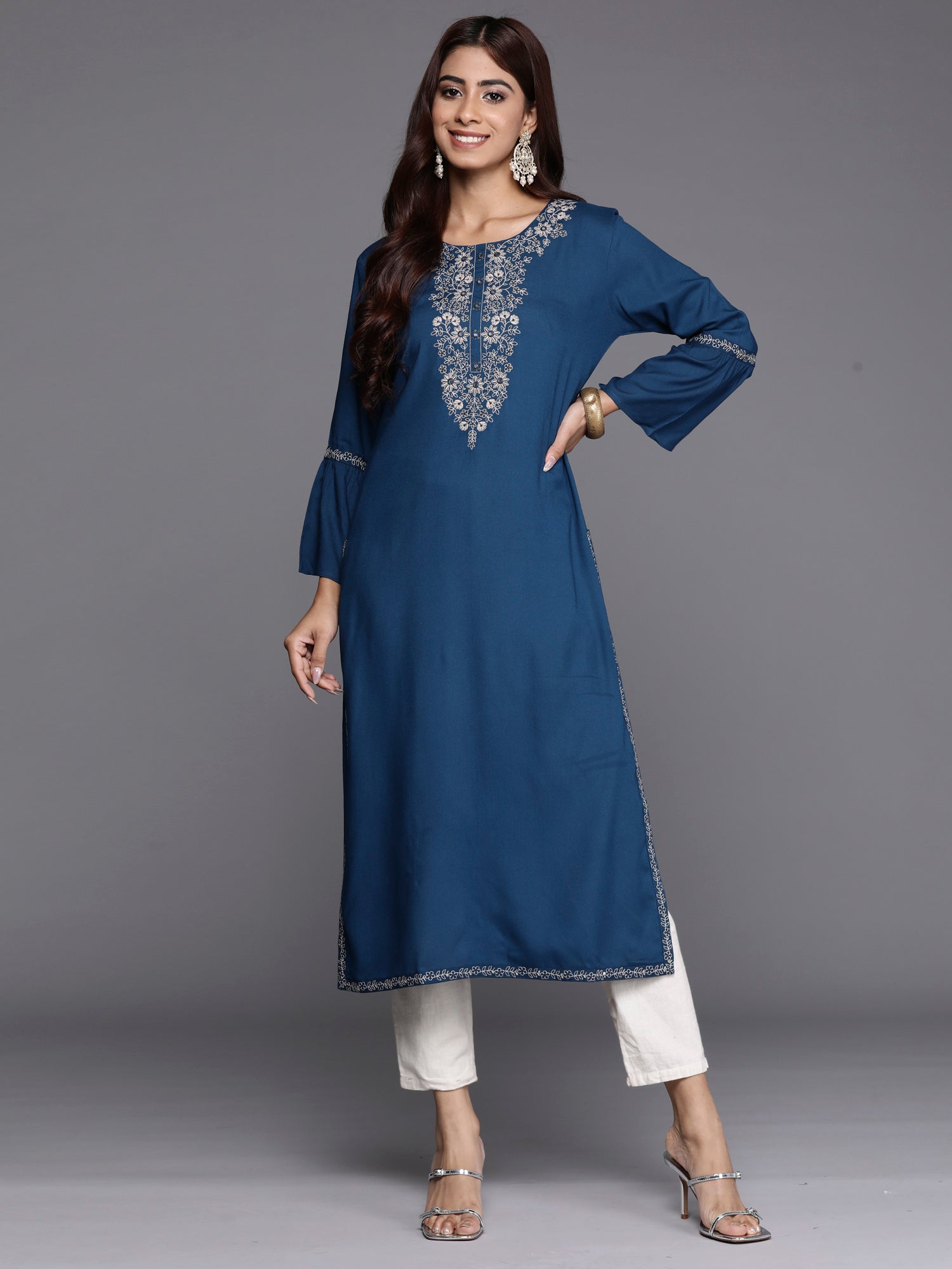 Indo Era Teal Embroidered Straight Kurta - Distacart