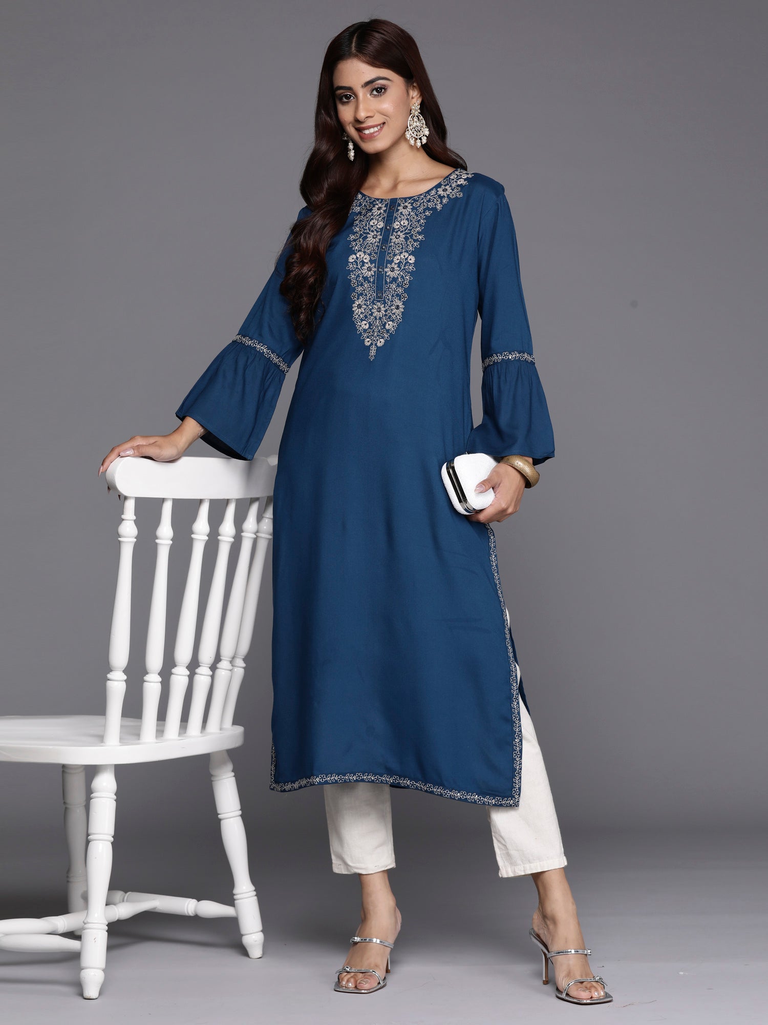 Indo Era Teal Embroidered Straight Kurta - Distacart