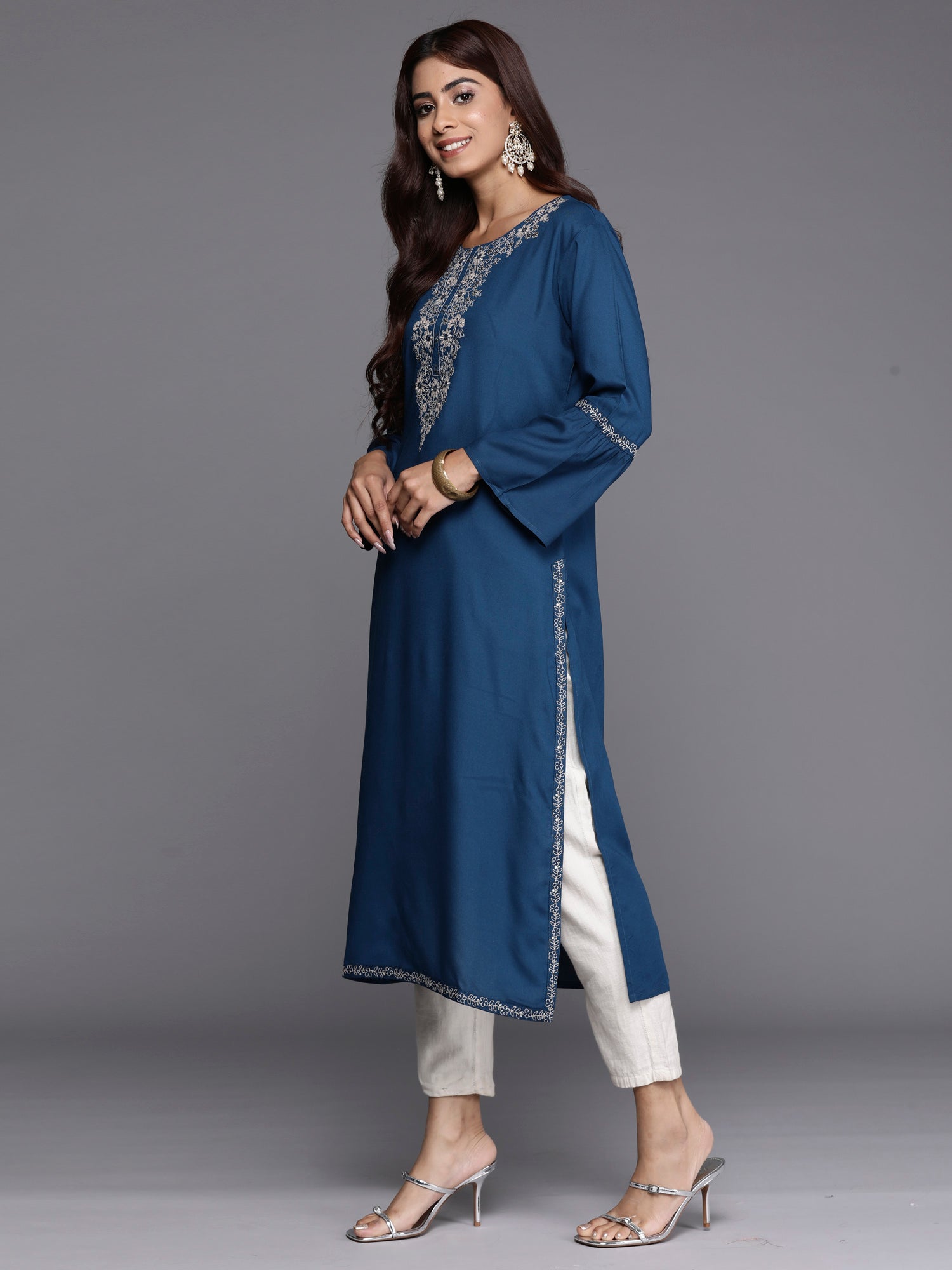 Indo Era Teal Embroidered Straight Kurta - Distacart