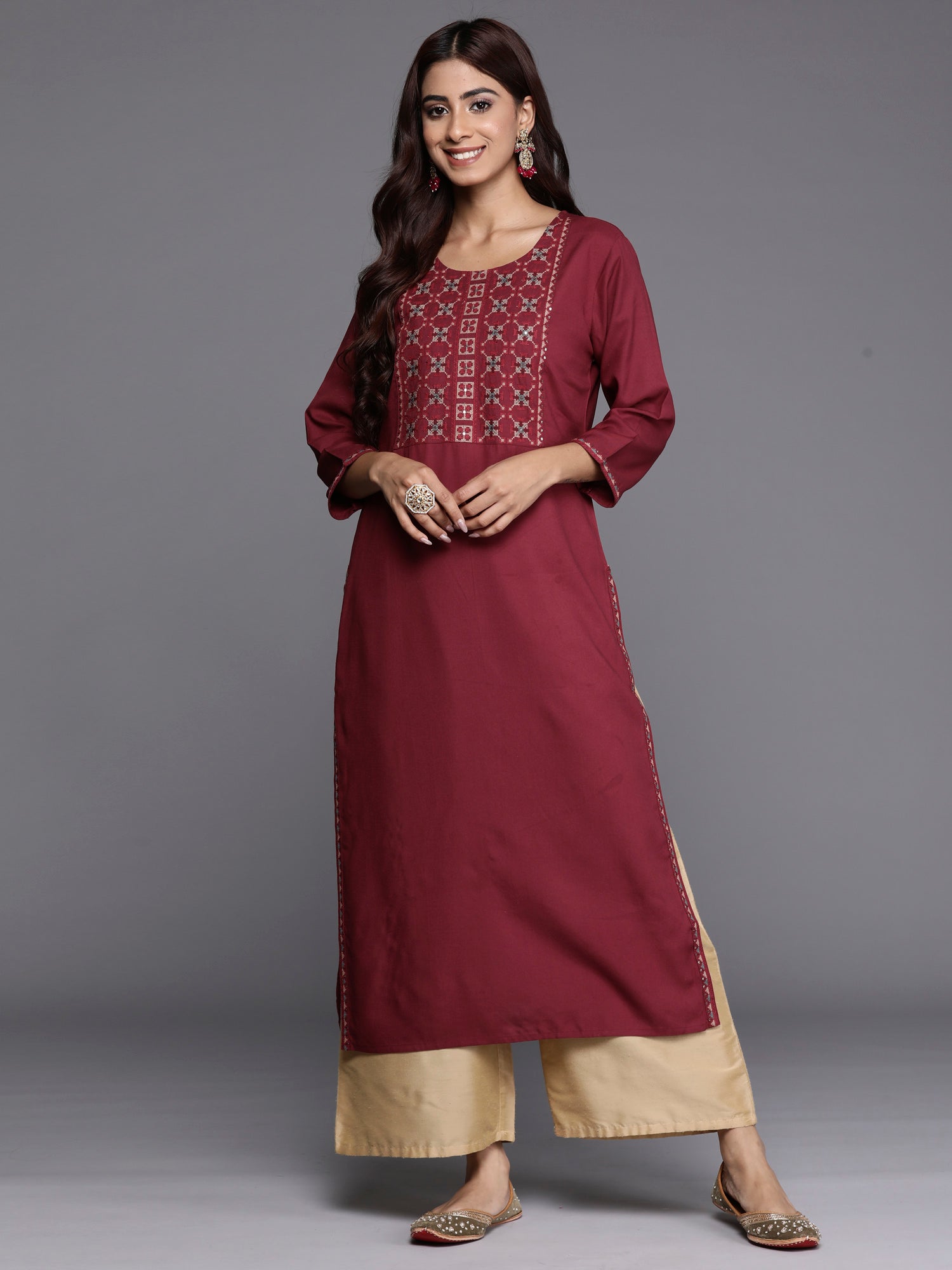 Indo Era Burgundy Embroidered Straight Kurta - Distacart