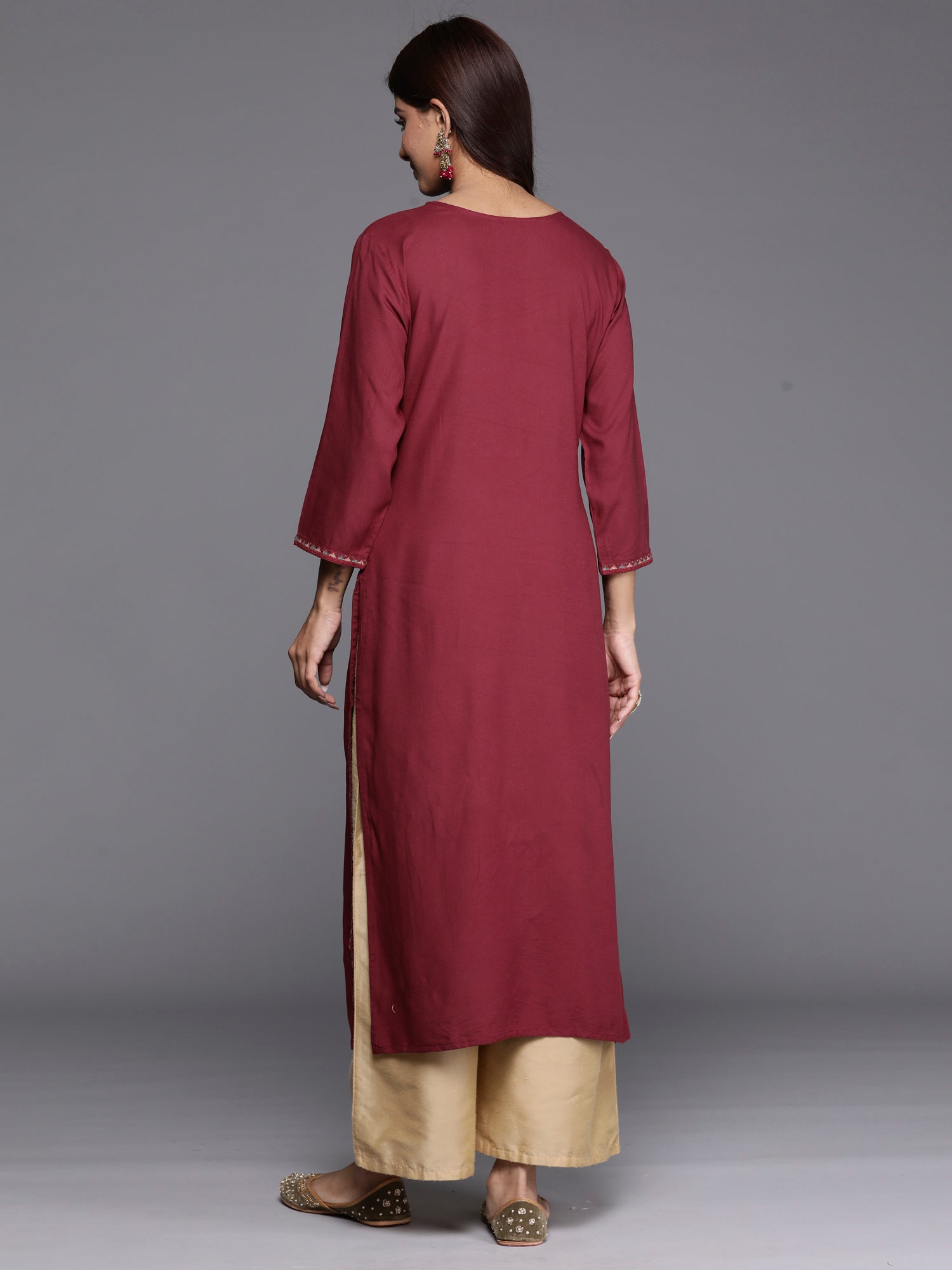 Indo Era Burgundy Embroidered Straight Kurta - Distacart