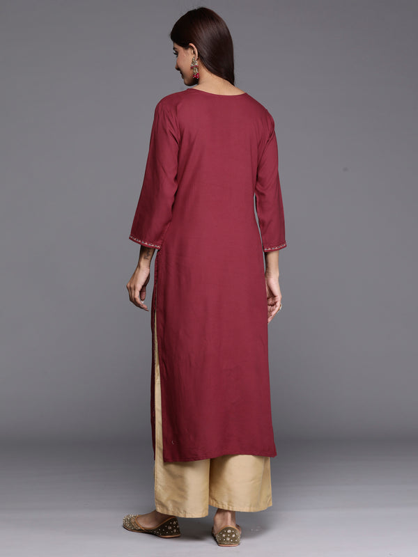 Indo Era Burgundy Embroidered Straight Kurta - Distacart