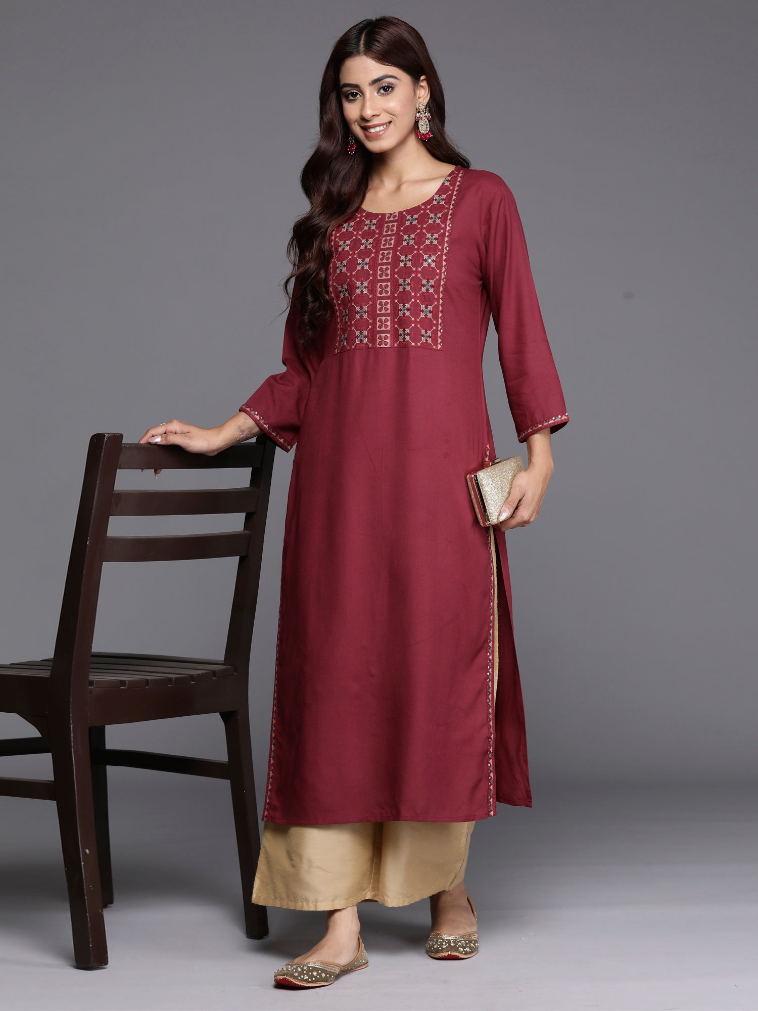 Indo Era Burgundy Embroidered Straight Kurta - Distacart
