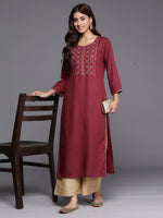 Thumbnail for Indo Era Burgundy Embroidered Straight Kurta - Distacart
