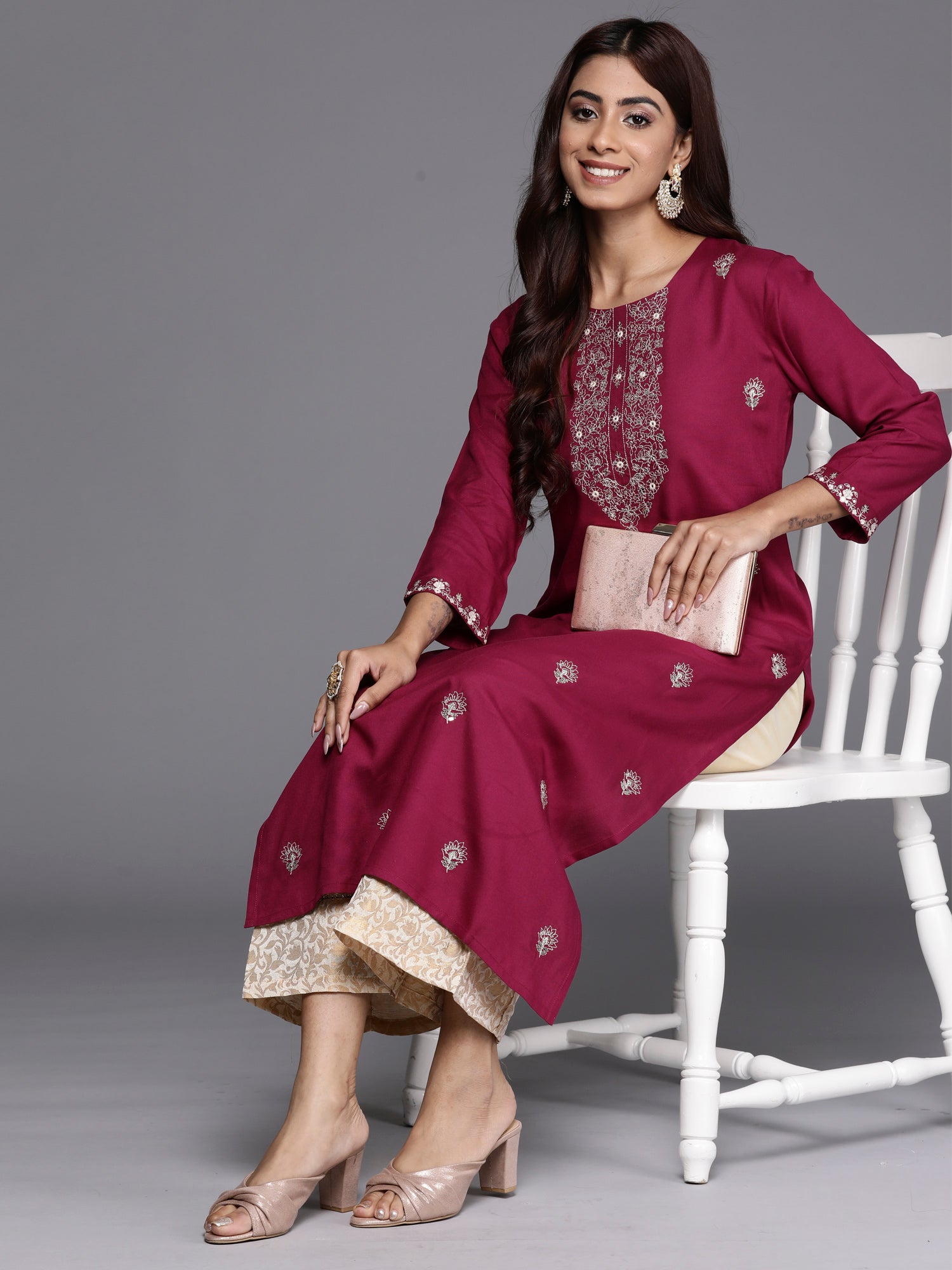 Indo Era Burgundy Embroidered Straight Kurta - Distacart