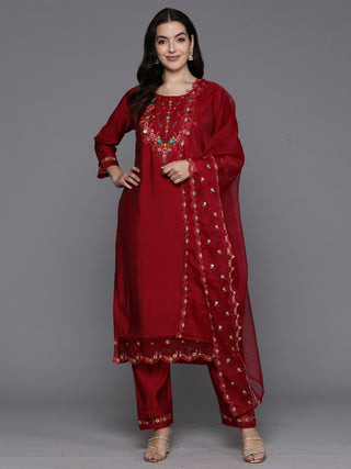 Indo Era Magenta Embroidered A-Line Kurta Trousers With Dupatta Set - Distacart