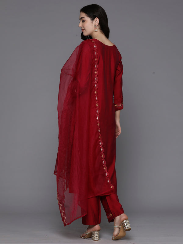 Indo Era Magenta Embroidered A-Line Kurta Trousers With Dupatta Set - Distacart