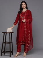 Thumbnail for Indo Era Magenta Embroidered A-Line Kurta Trousers With Dupatta Set - Distacart