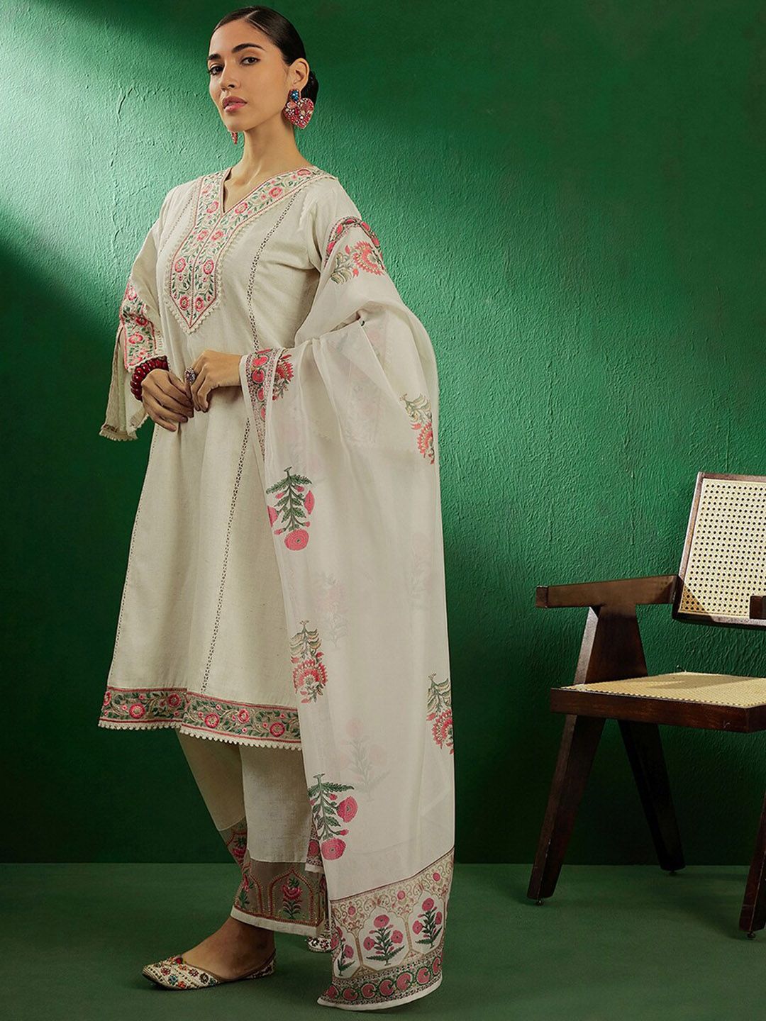 Sangria Off White Floral Embroidered Pure Cotton Kurta With Palazzo & Dupatta - Distacart