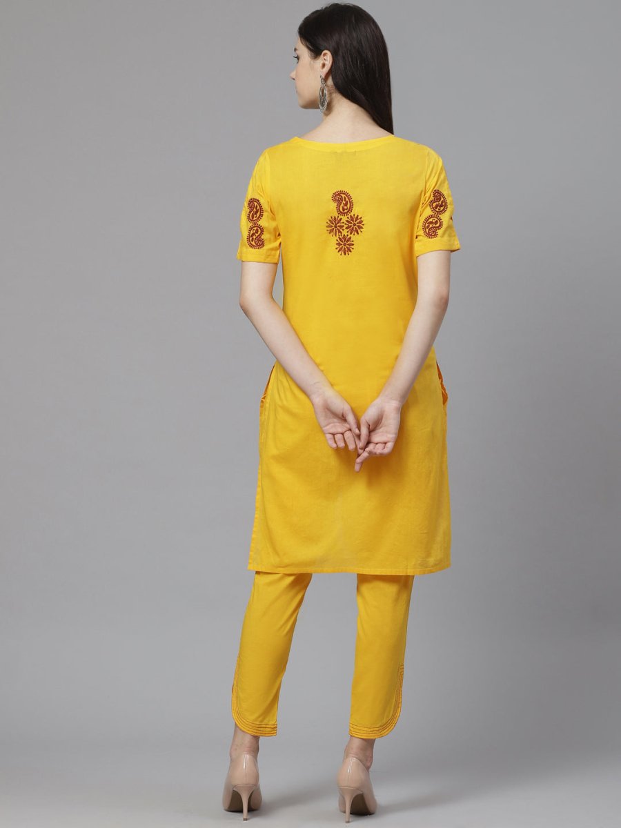 ADA Women Yellow & Maroon Paisley Chikankari Embroidered Sustainable Handloom Kurta with Trousers - Distacart