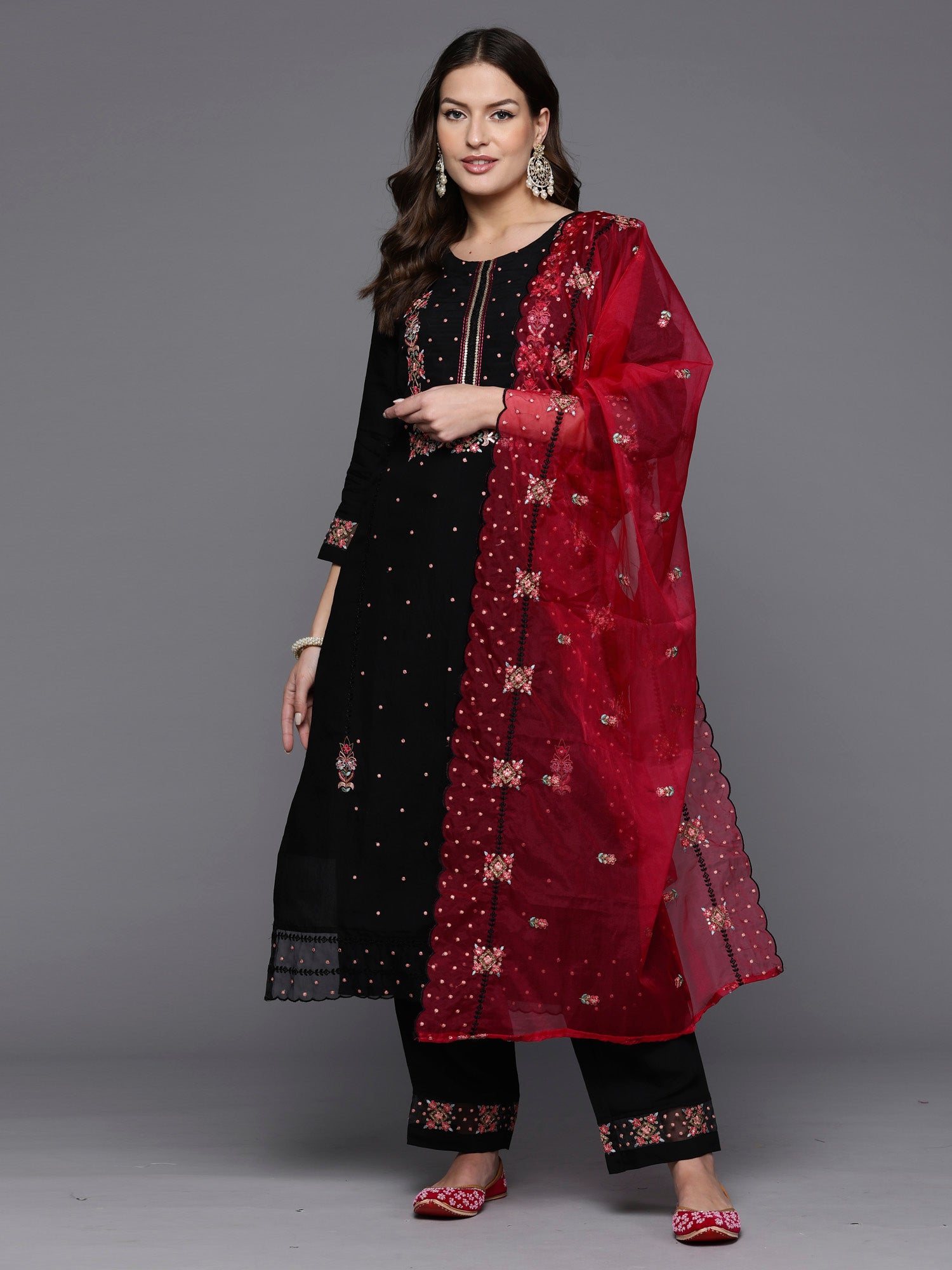 Indo Era Black Embroidered Straight Kurta Trousers With Dupatta set - Distacart