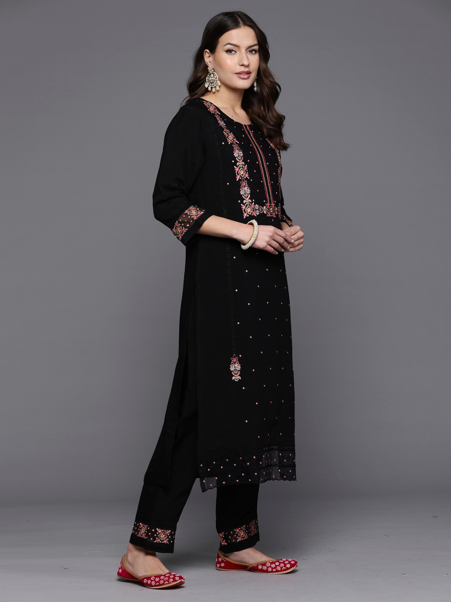 Indo Era Black Embroidered Straight Kurta Trousers With Dupatta set - Distacart