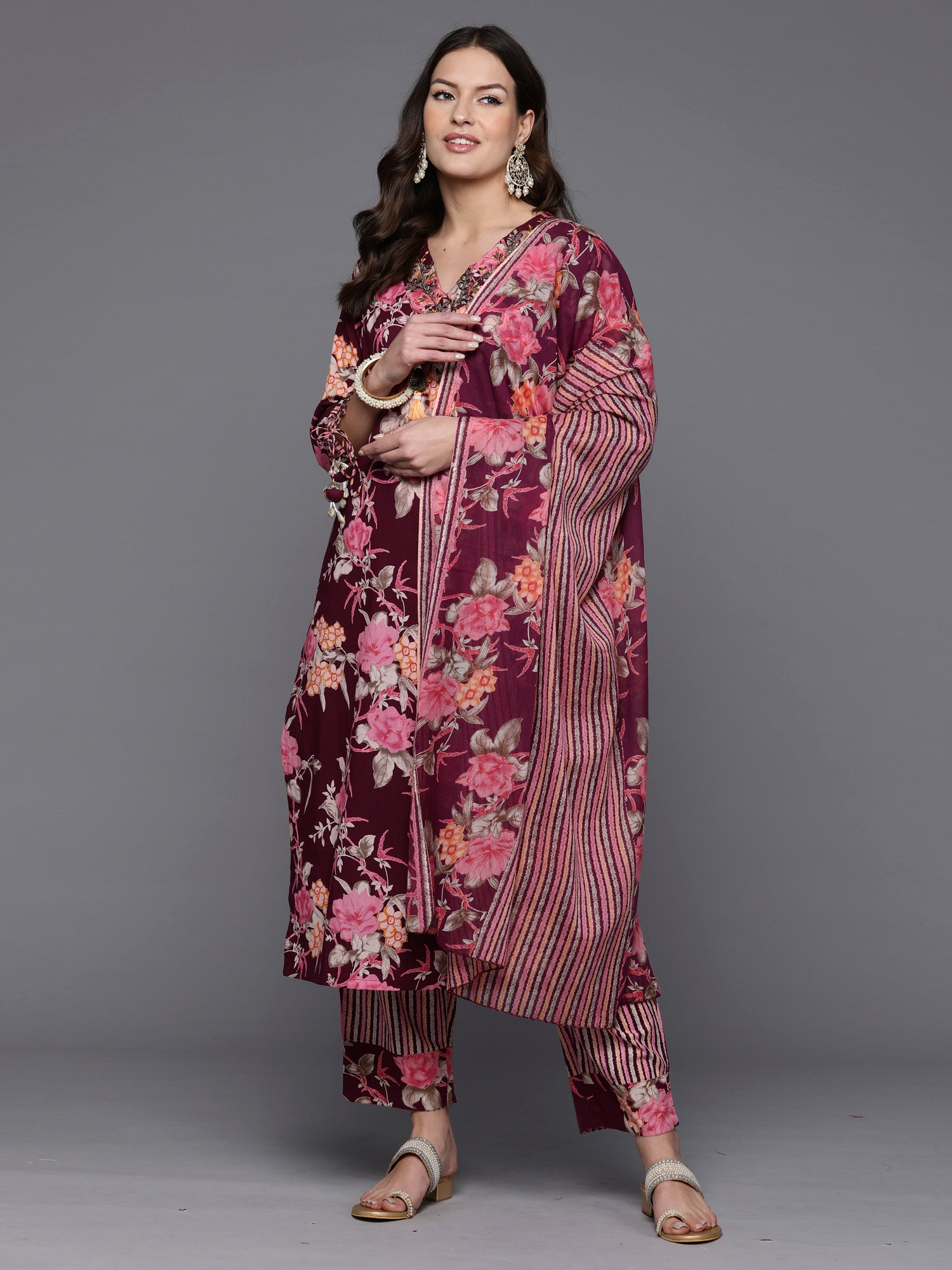 Indo Era Burgundy Printed Straight Kurta Trousers With Dupatta Set - Distacart