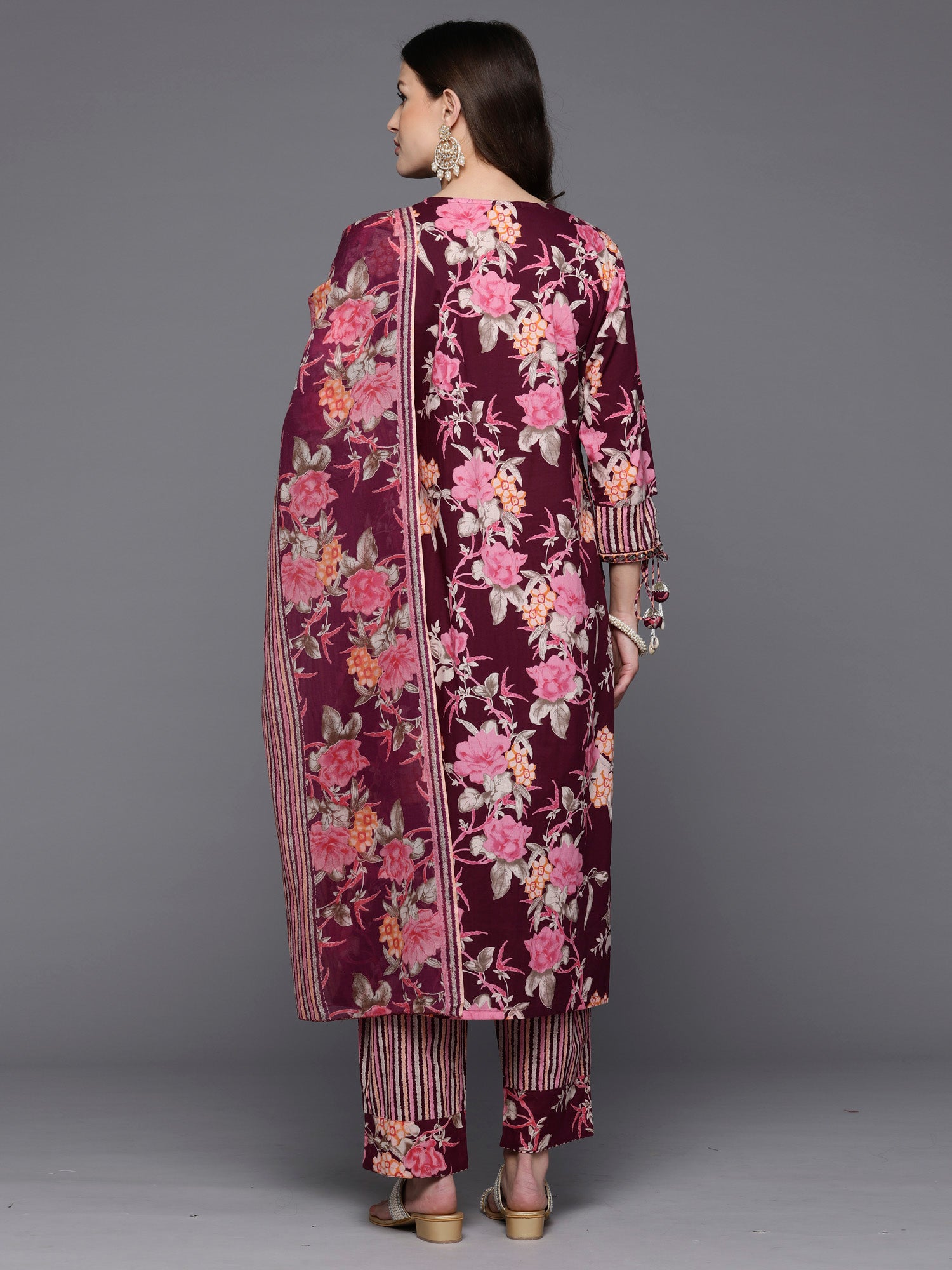 Indo Era Burgundy Printed Straight Kurta Trousers With Dupatta Set - Distacart