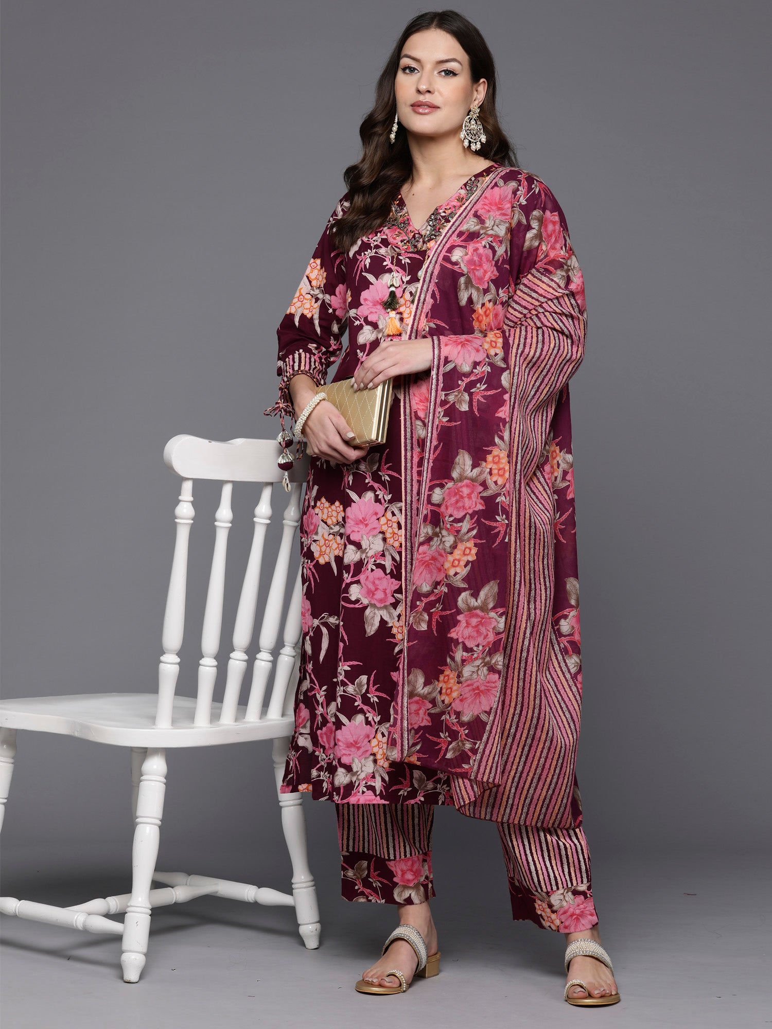 Indo Era Burgundy Printed Straight Kurta Trousers With Dupatta Set - Distacart