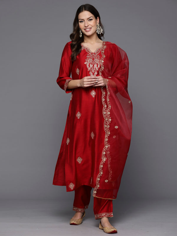 Indo Era Red Embroidered Straight Kurta Trousers With Dupatta Set - Distacart