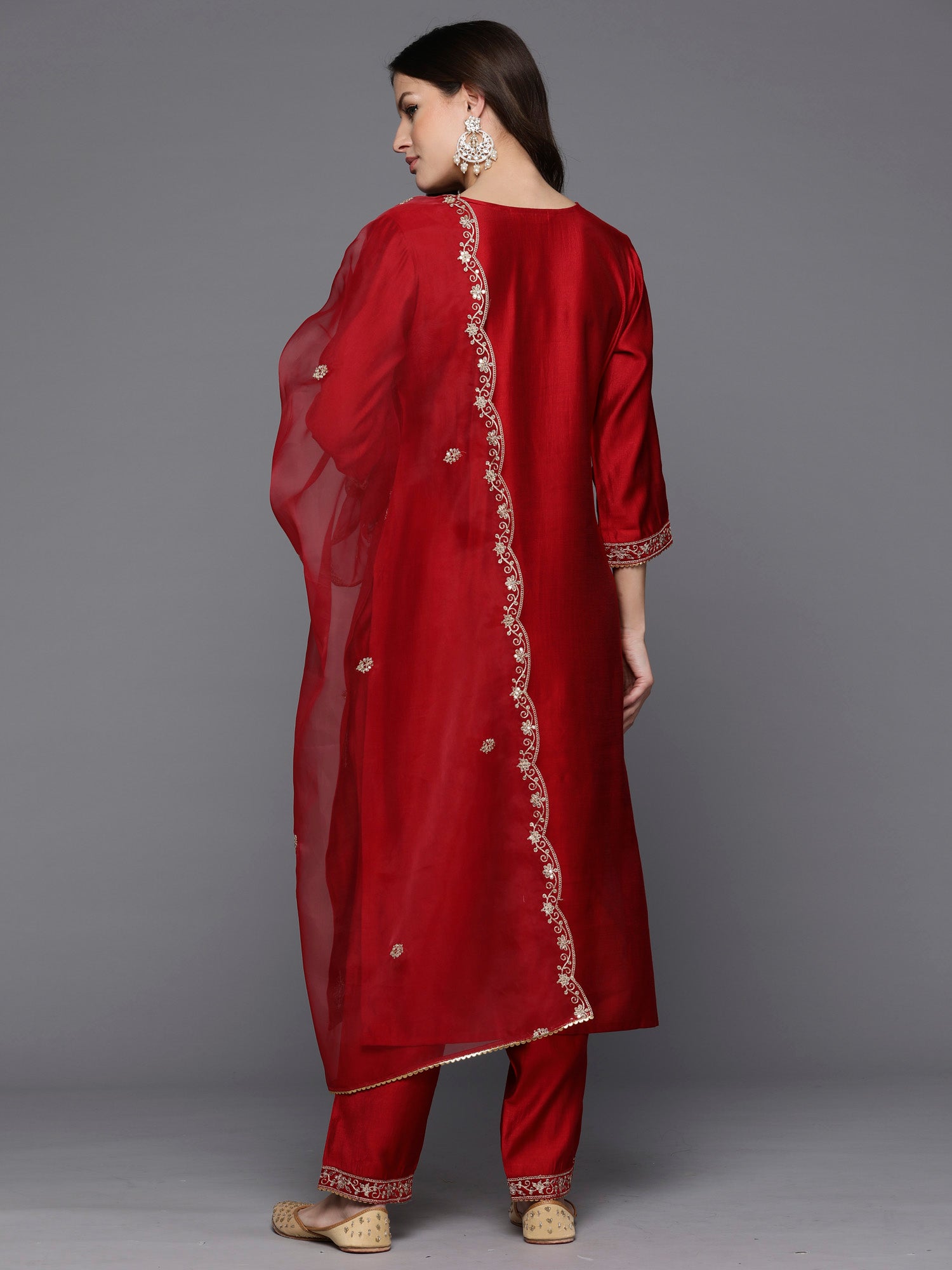 Indo Era Red Embroidered Straight Kurta Trousers With Dupatta Set - Distacart