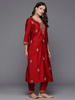 Thumbnail for Indo Era Red Embroidered Straight Kurta Trousers With Dupatta Set - Distacart