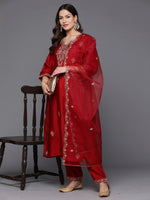 Thumbnail for Indo Era Red Embroidered Straight Kurta Trousers With Dupatta Set - Distacart