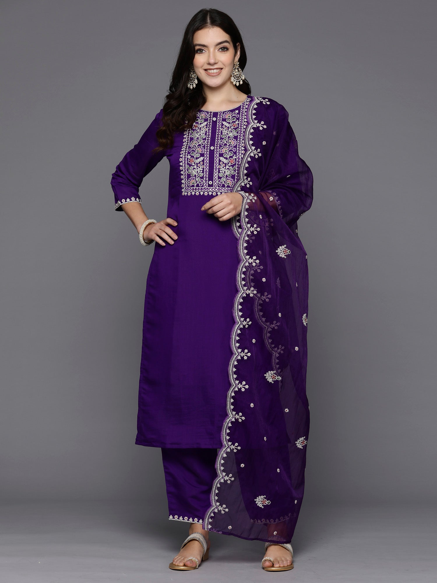 Indo Era Purple Embroidered Straight Kurta Trousers With Dupatta set - Distacart