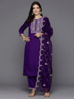 Thumbnail for Indo Era Purple Embroidered Straight Kurta Trousers With Dupatta set - Distacart