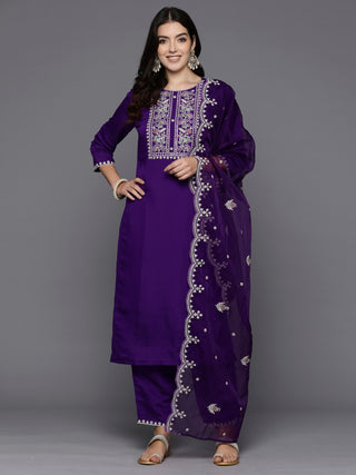 Indo Era Purple Embroidered Straight Kurta Trousers With Dupatta set - Distacart
