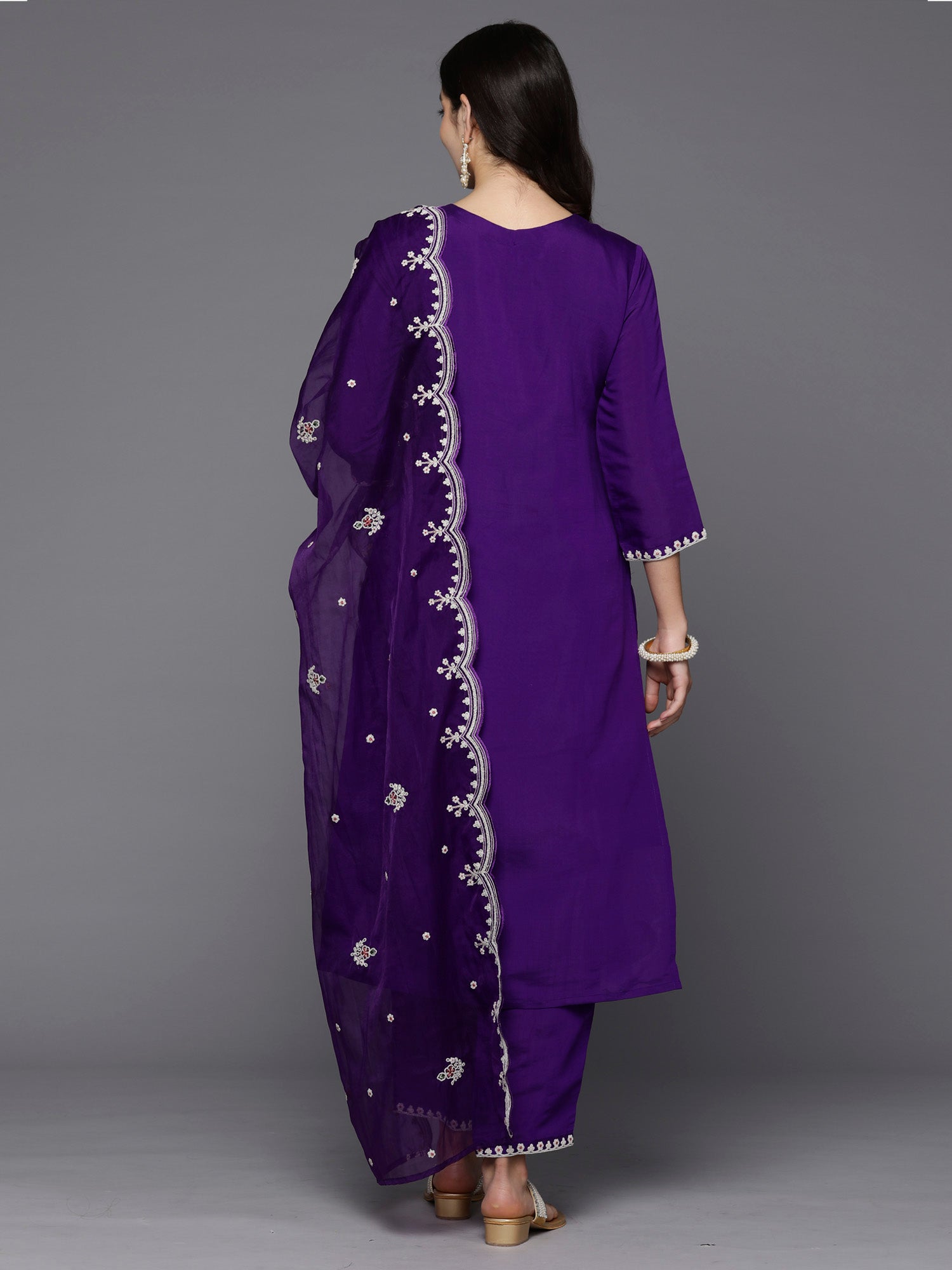 Indo Era Purple Embroidered Straight Kurta Trousers With Dupatta set - Distacart
