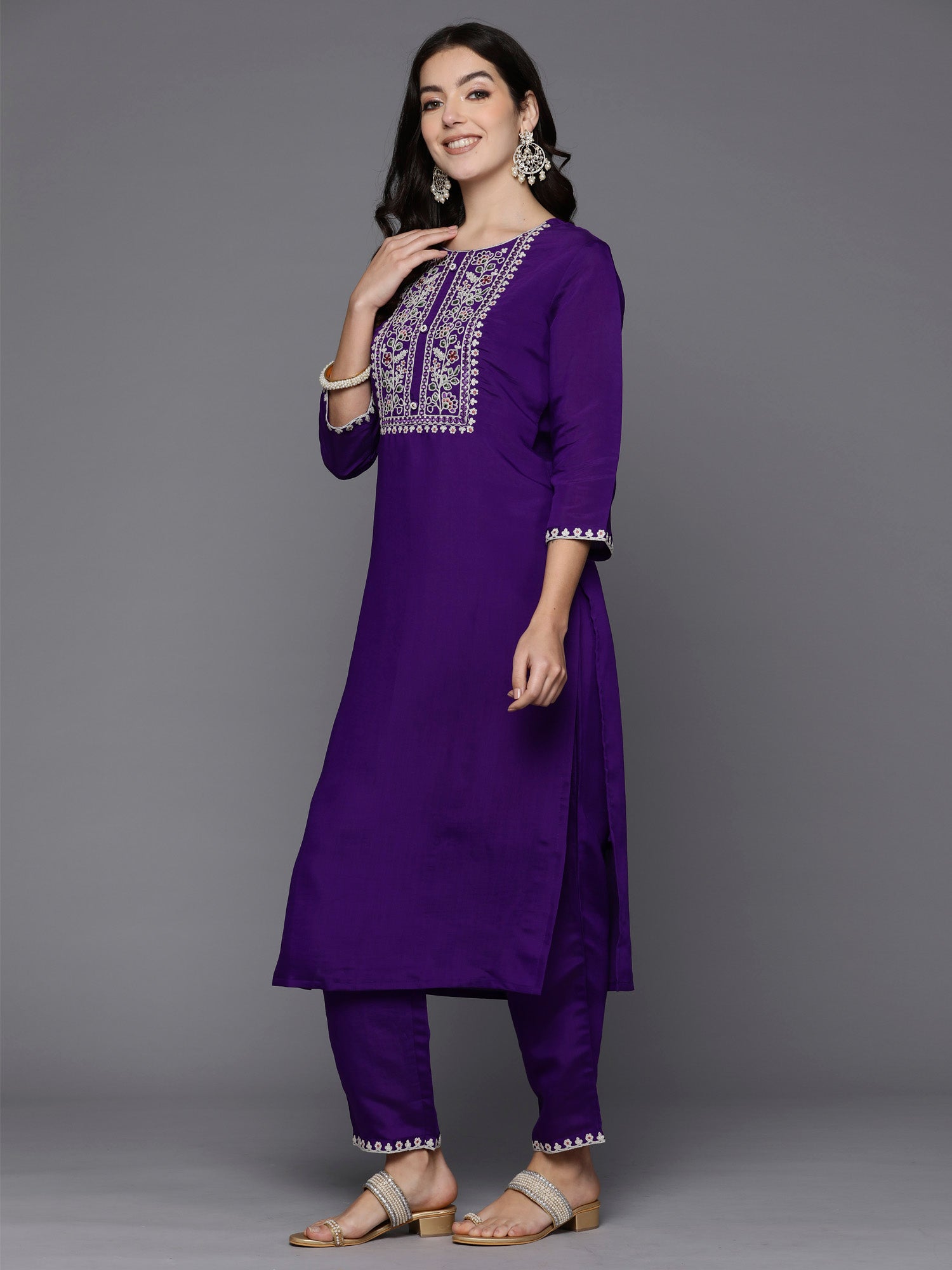 Indo Era Purple Embroidered Straight Kurta Trousers With Dupatta set - Distacart
