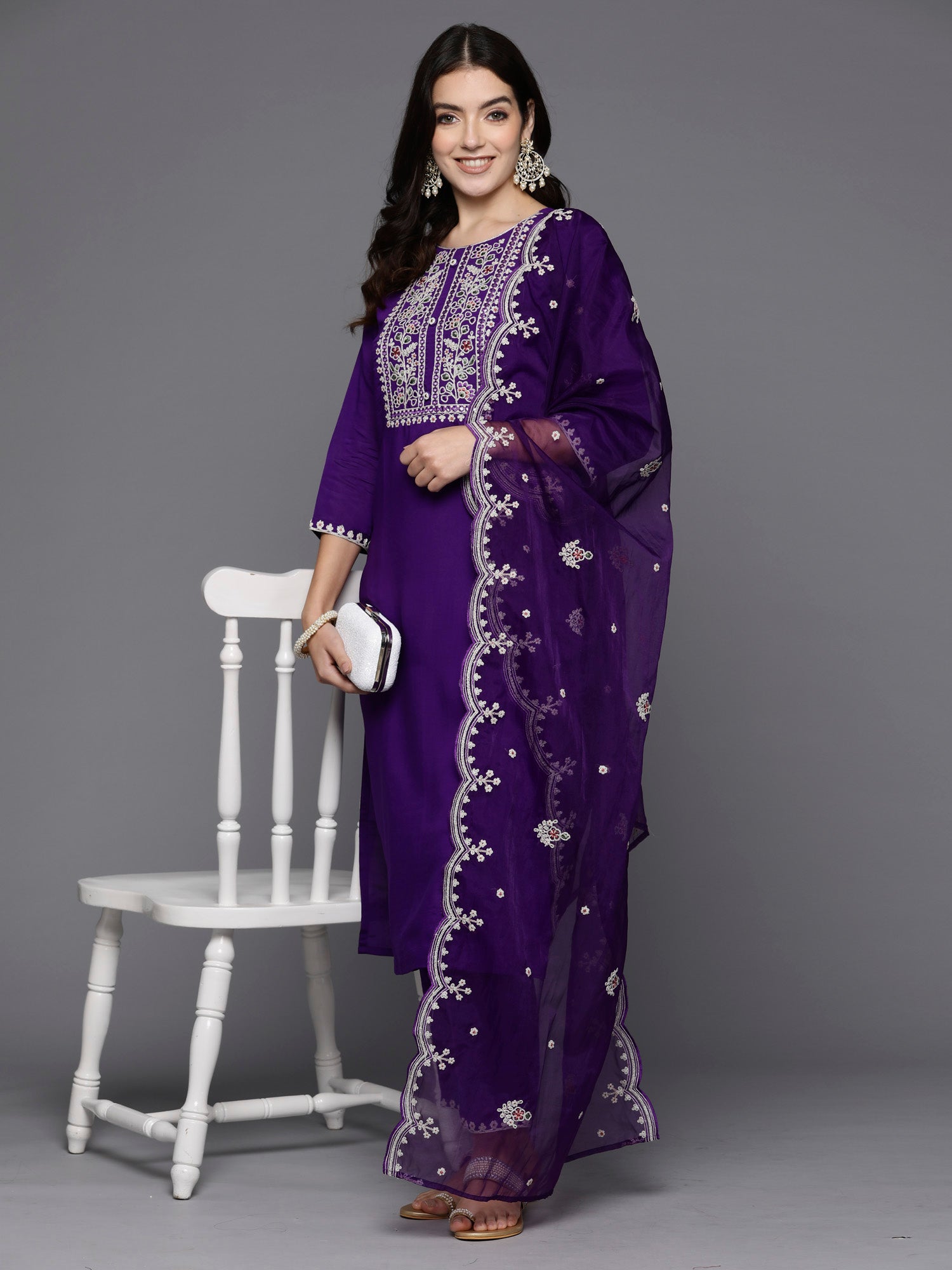 Indo Era Purple Embroidered Straight Kurta Trousers With Dupatta set - Distacart