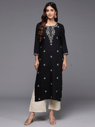 Indo Era Black Embroidered Straight Kurta - Distacart
