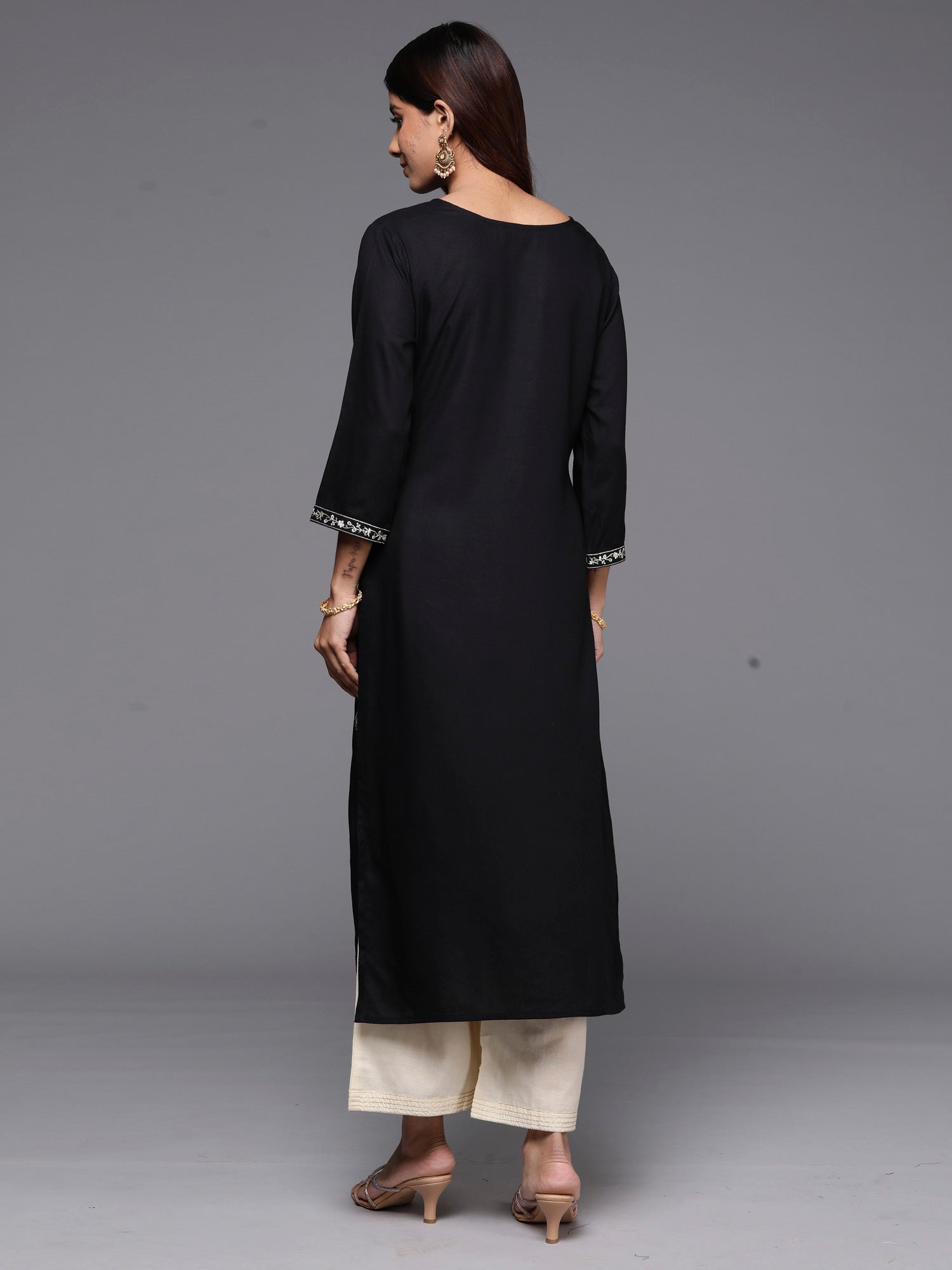 Indo Era Black Embroidered Straight Kurta - Distacart