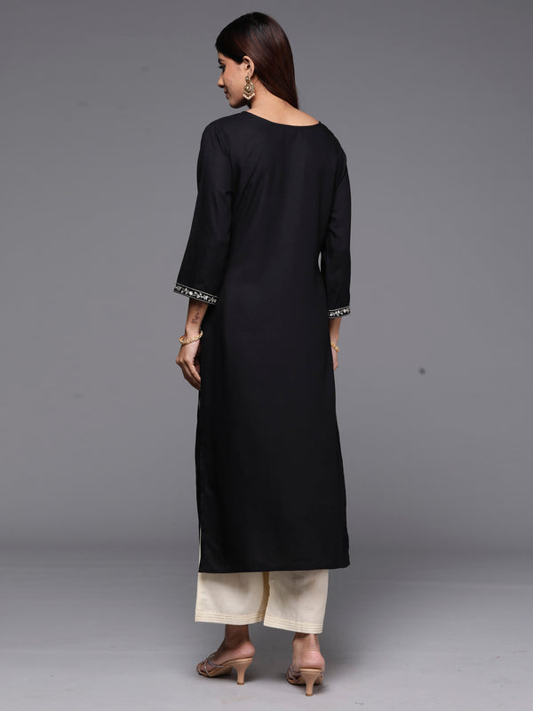 Indo Era Black Embroidered Straight Kurta - Distacart