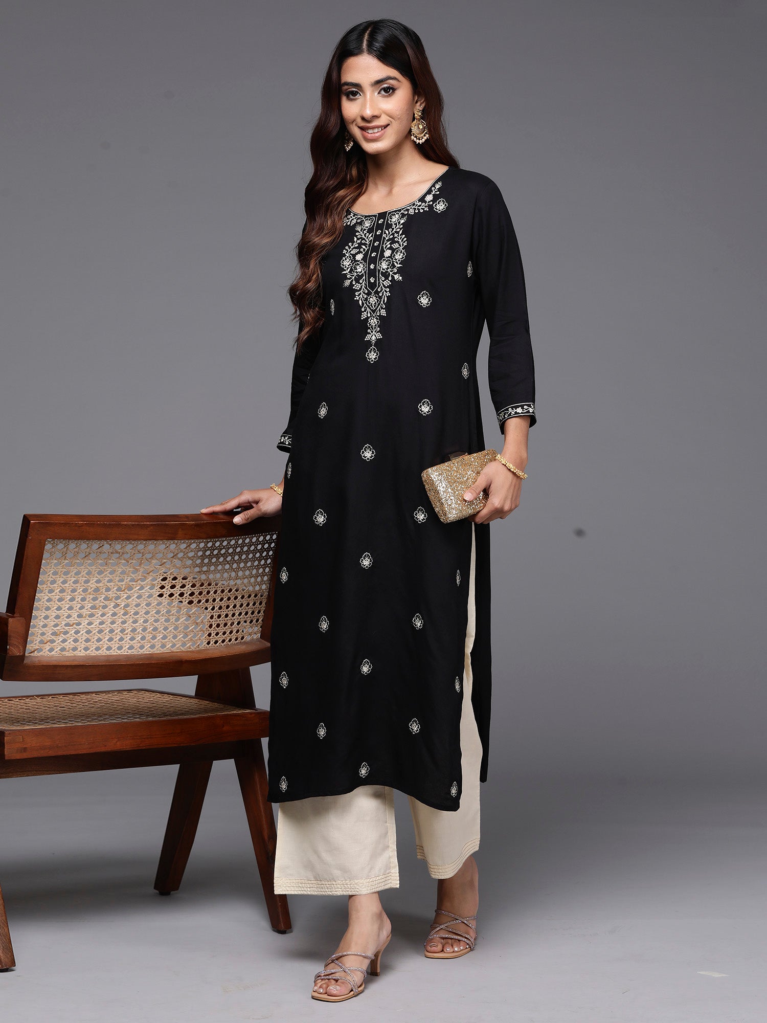 Indo Era Black Embroidered Straight Kurta - Distacart