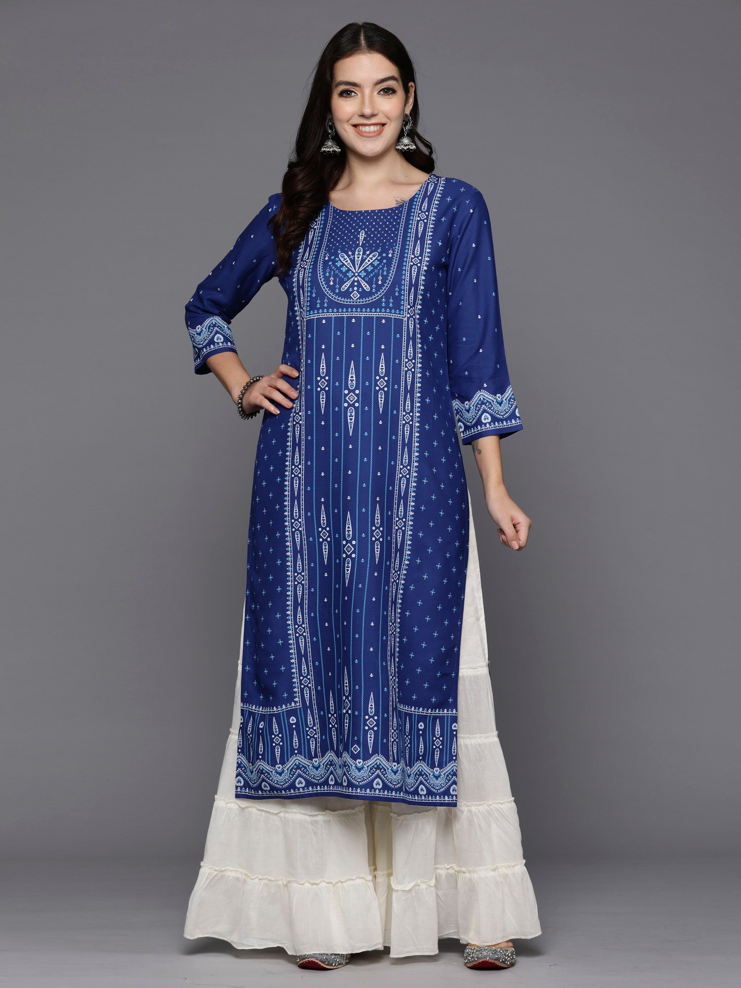 Indo Era Blue Printed Straight Kurta - Distacart