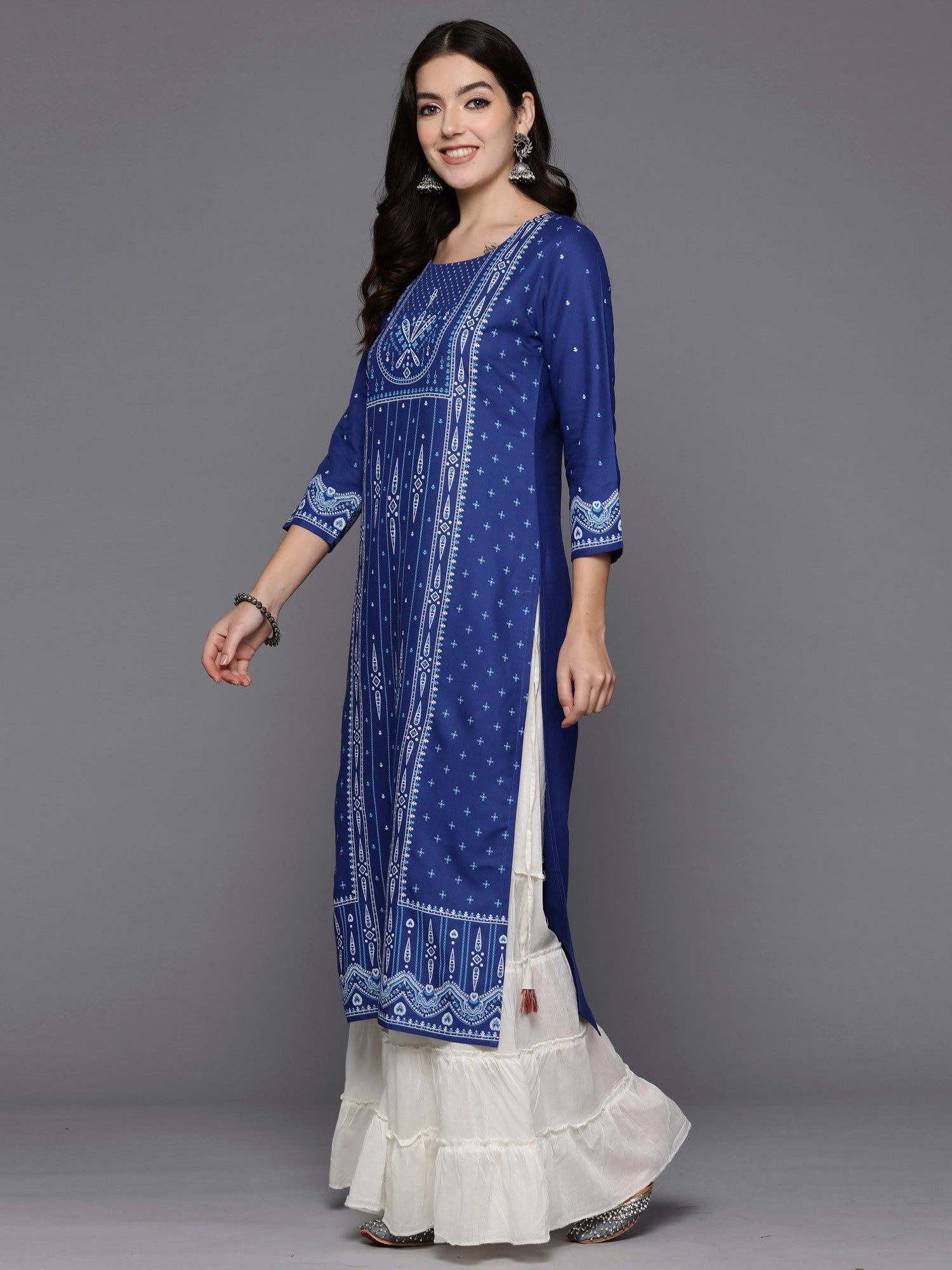 Indo Era Blue Printed Straight Kurta - Distacart