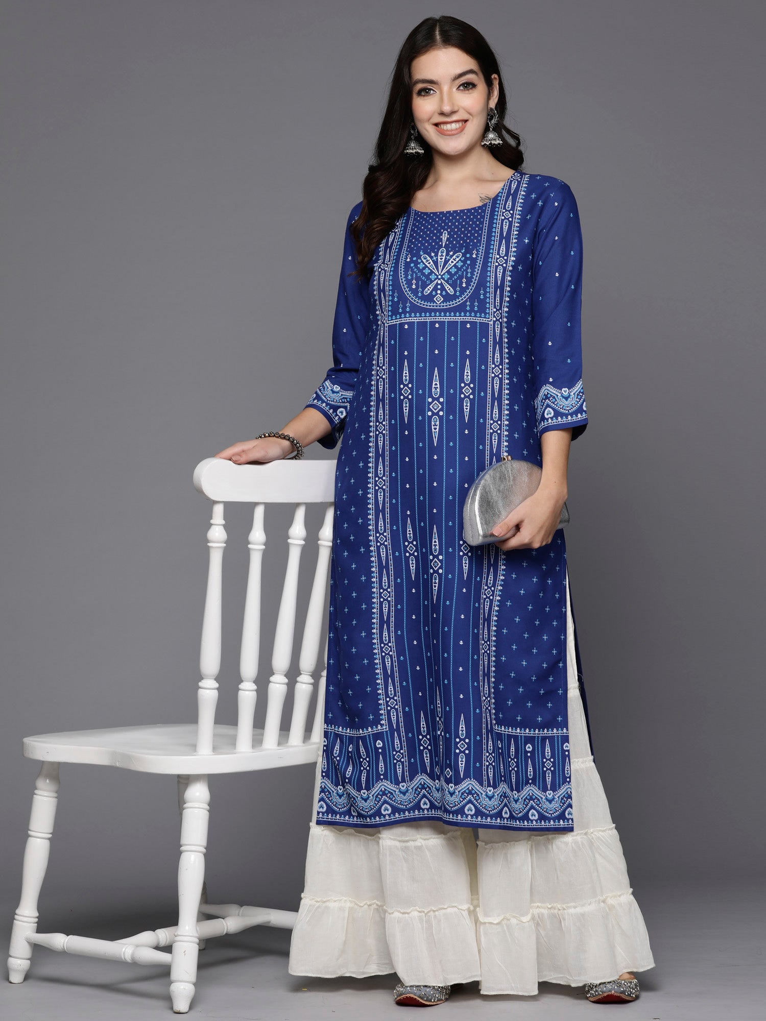 Indo Era Blue Printed Straight Kurta - Distacart